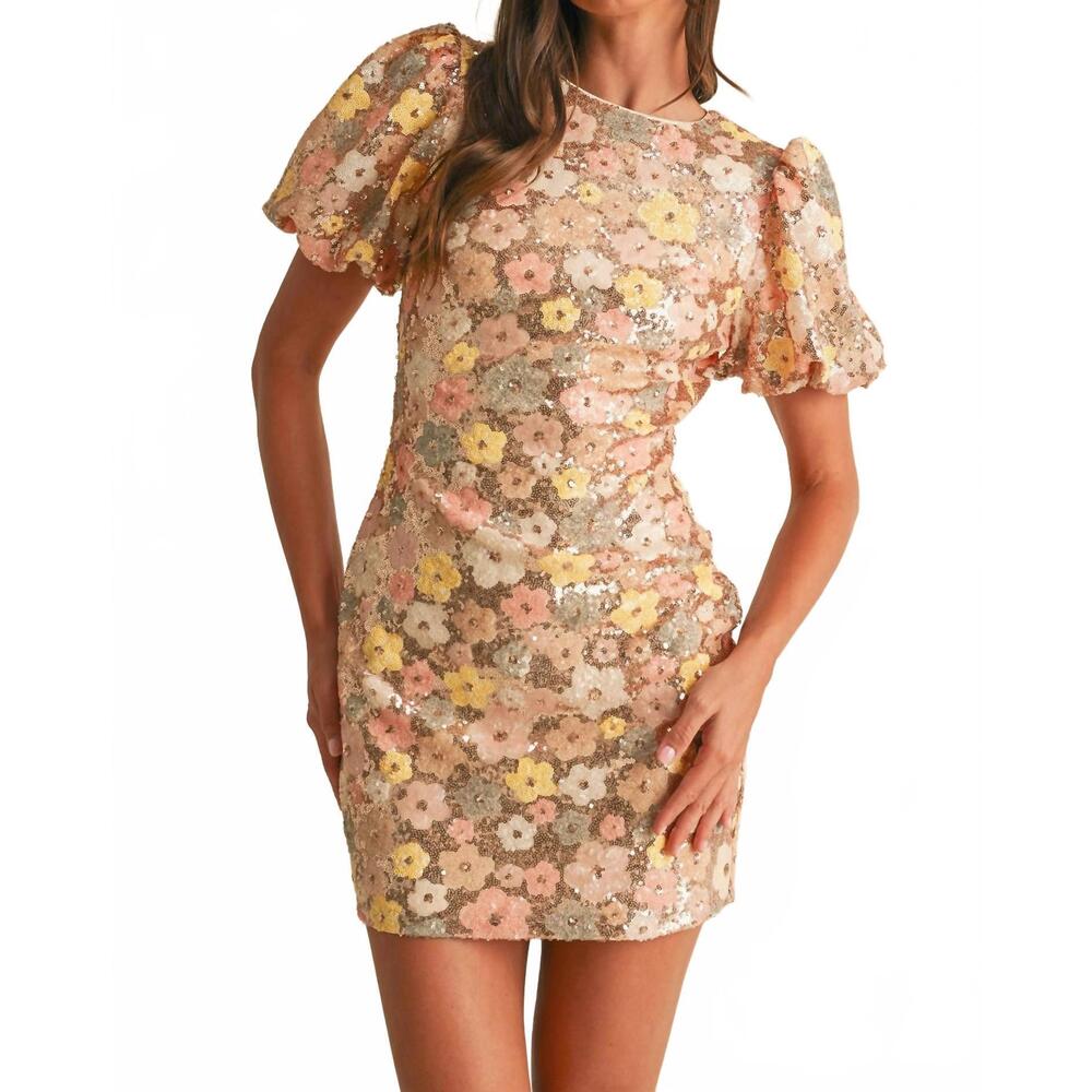 NEW ENDLESS BLU. sequin mini dress in rose gold floral